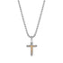 Front view of two tone crucifix pendant necklace with gold tone Jesus figure on stainless steel cross and 24 inch round box chain