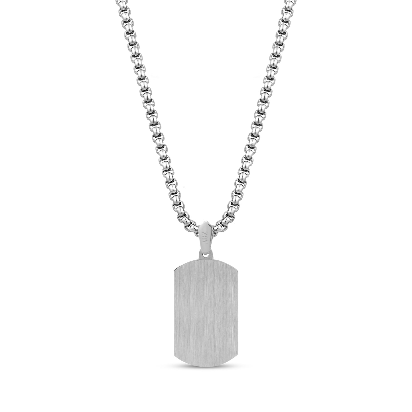 Back view of men's dog tag pendant showing a matte stainless steel engravable surface on a 24 inch round box chain