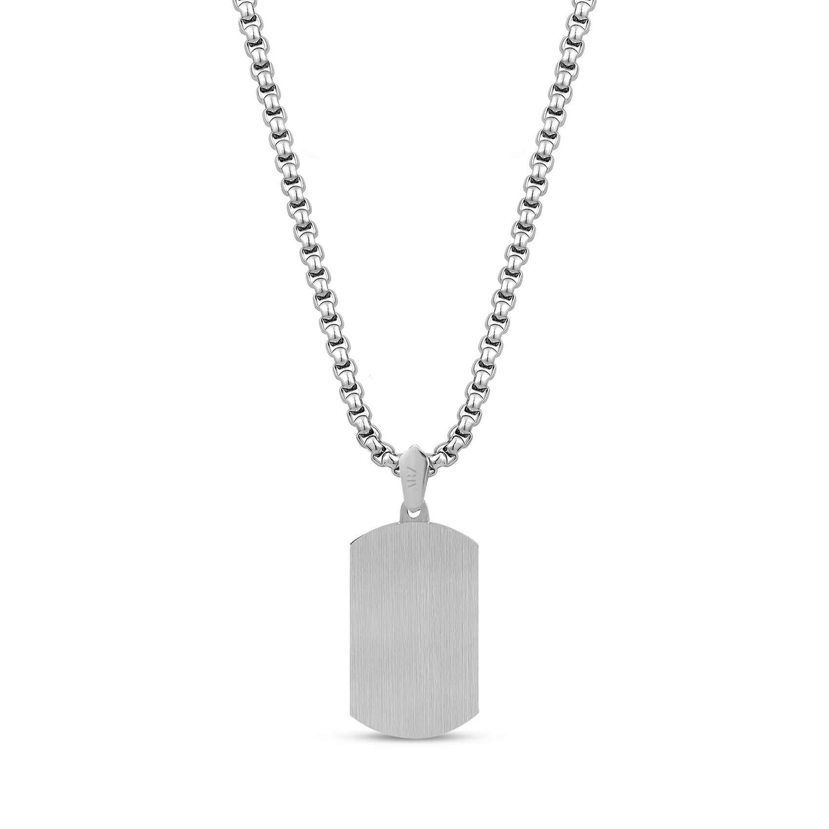 Back view of men's dog tag pendant showing a matte stainless steel engravable surface on a 24 inch round box chain
