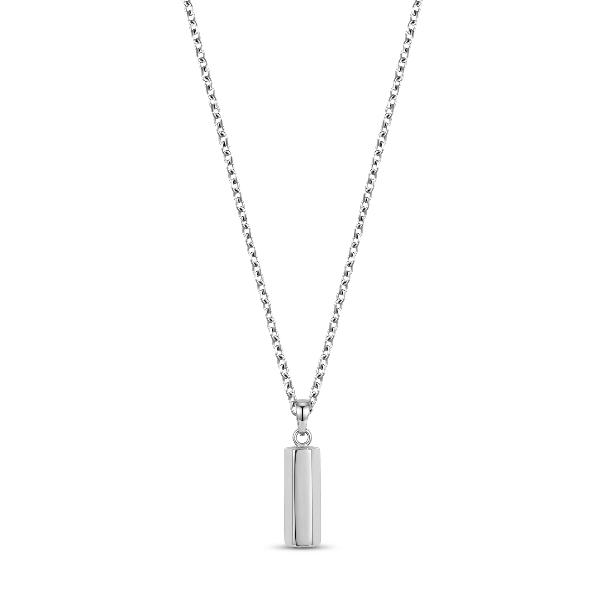 Mini modern urn pendant necklace in polished silver stainless steel, vertical bar design on cable chain