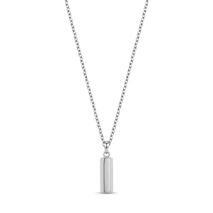 Mini modern urn pendant necklace in polished silver stainless steel, vertical bar design on cable chain
