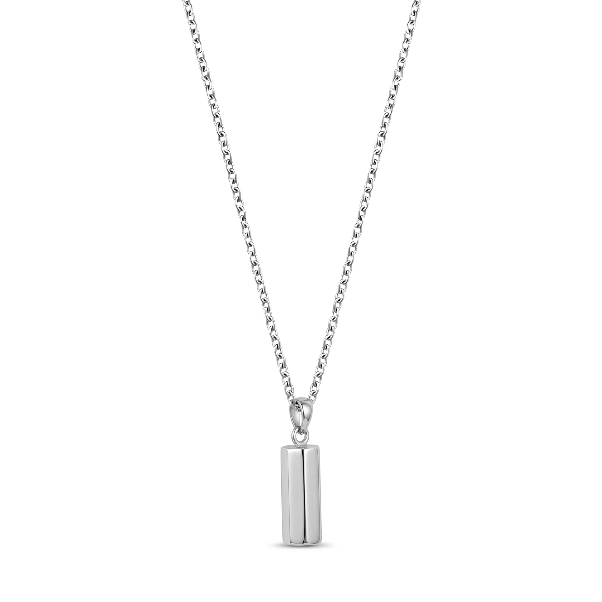 Side angle view of the engravable bar urn pendant showing its sleek cylindrical shape and cable chain