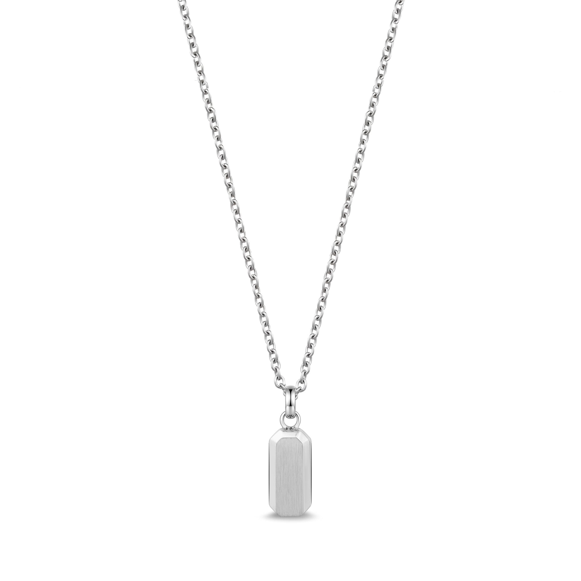 Mini beveled edge urn pendant necklace in polished silver stainless steel, dog-tag shape on cable chain