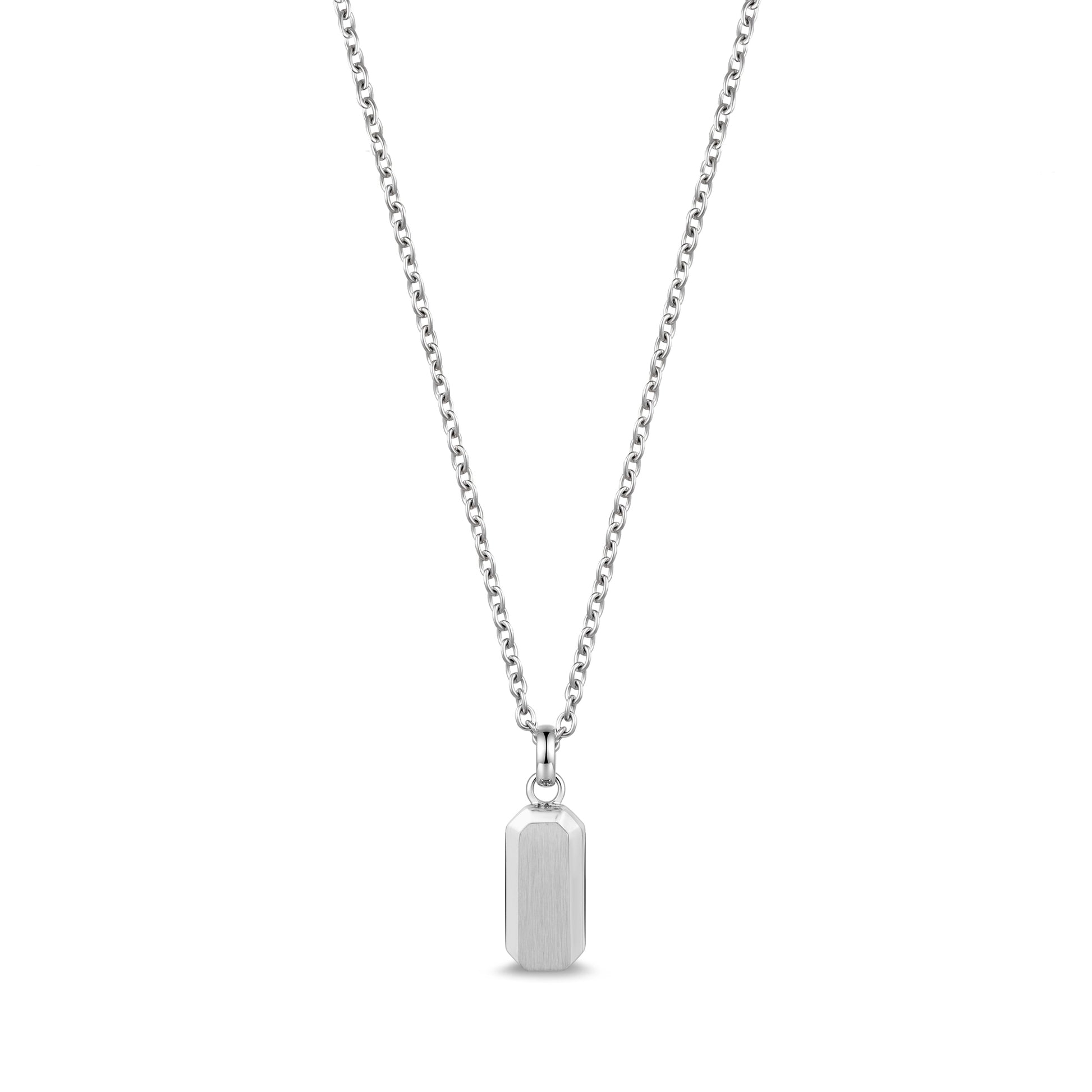 Mini beveled edge urn pendant necklace in polished silver stainless steel, dog-tag shape on cable chain