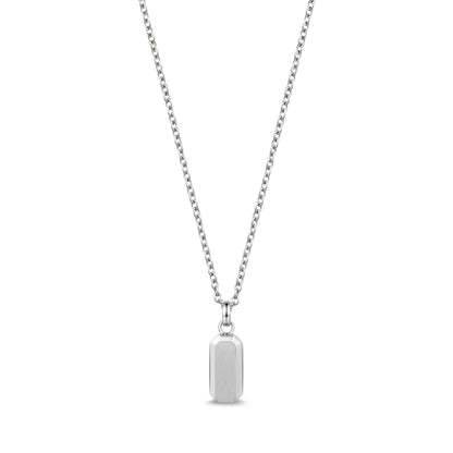 Mini beveled edge urn pendant necklace in polished silver stainless steel, dog-tag shape on cable chain