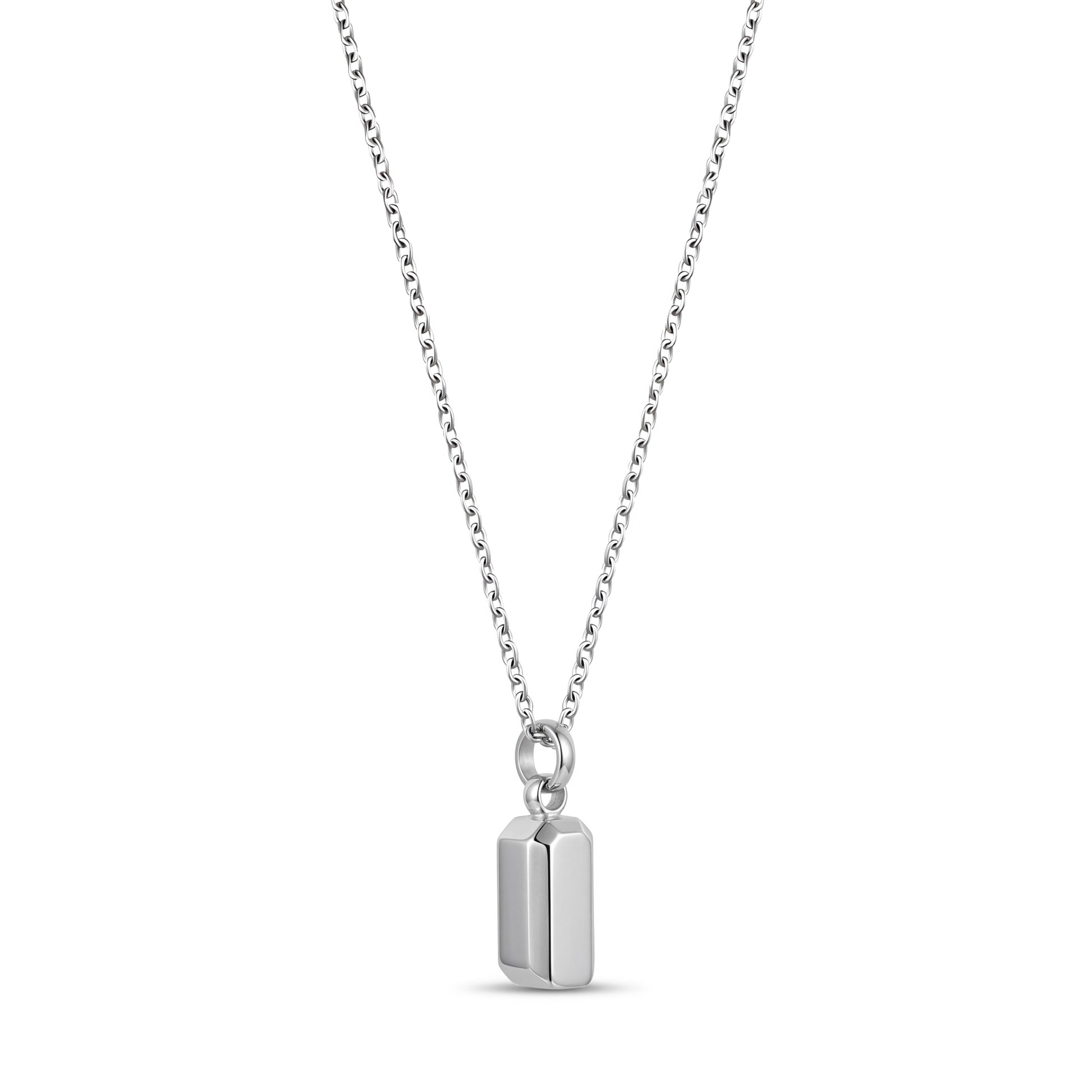 Side angle view of the beveled edge urn pendant showing its faceted shape and cable chain