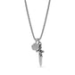 Men's antiqued stainless steel dagger pendant with black cubic zirconia stones and a hexagon charm set with a blue stone, on a box chain