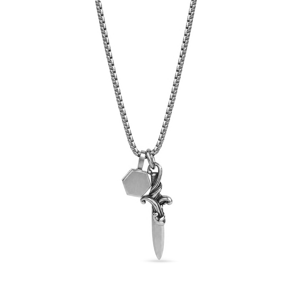 Men's antiqued stainless steel dagger pendant with black cubic zirconia stones and a hexagon charm set with a blue stone, on a box chain