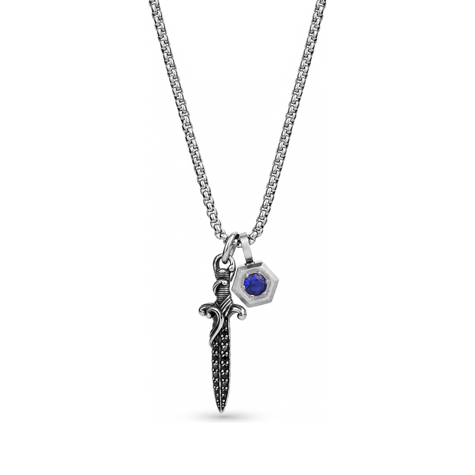 Close-up front view of the dagger and hexagon blue stone charm pendant showing the antiqued finish and chain link detail