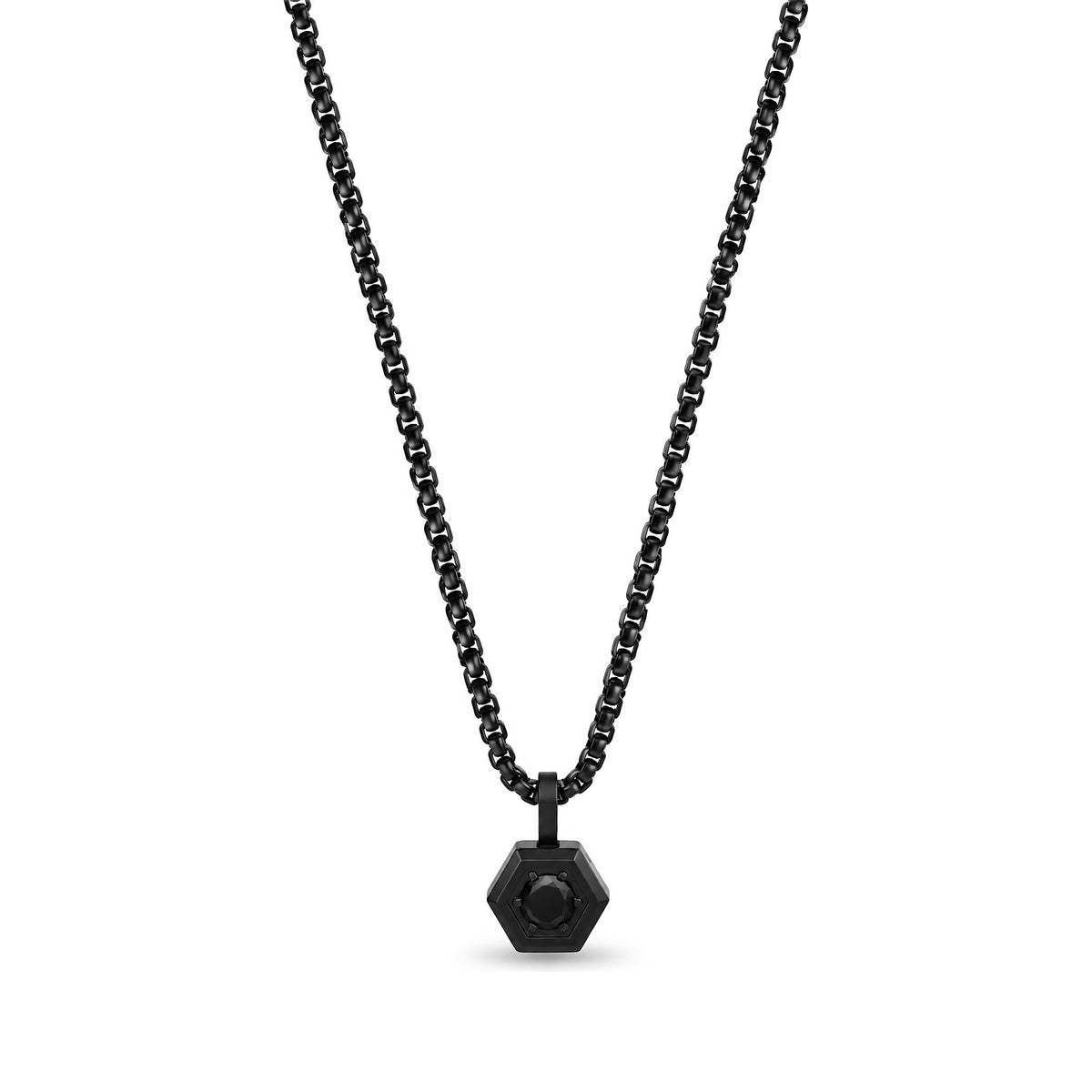 Men's matte black hexagon pendant with a black cubic zirconia stone on a round box link chain, front view