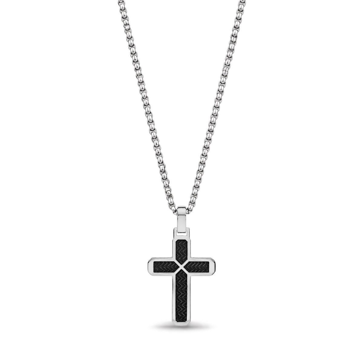 Men's stainless steel cross pendant with black chevron textured inlay on a silver rounded box chain