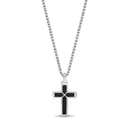 Men's stainless steel cross pendant with black chevron textured inlay on a silver rounded box chain