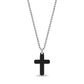 Matte black cross pendant with polished silver trim and engravable back, on a silver box chain