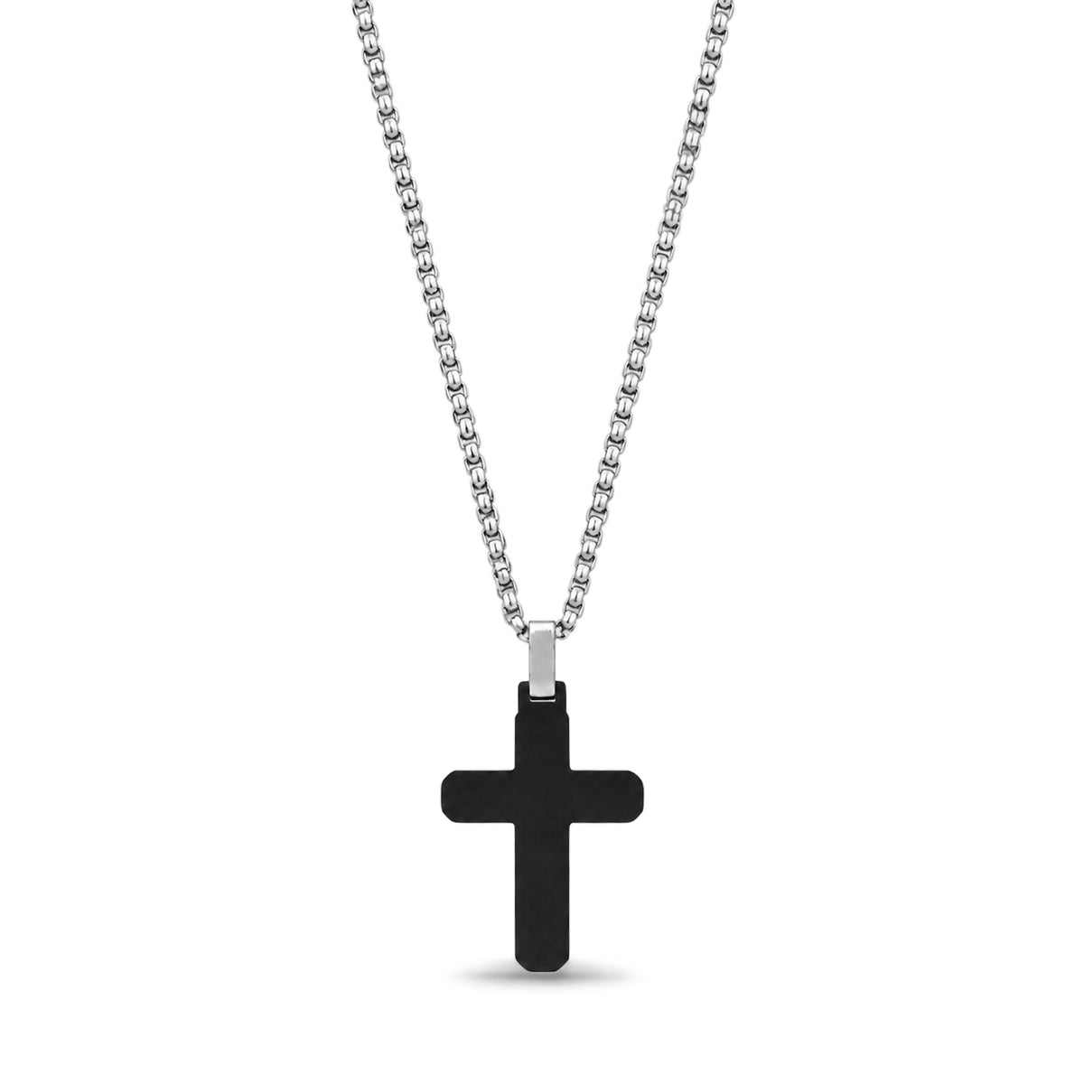 Matte black cross pendant with polished silver trim and engravable back, on a silver box chain