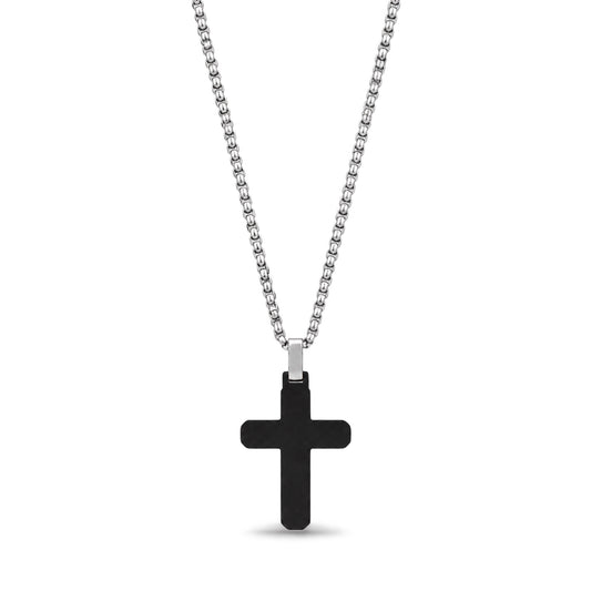 Matte black cross pendant with polished silver trim and engravable back, on a silver box chain