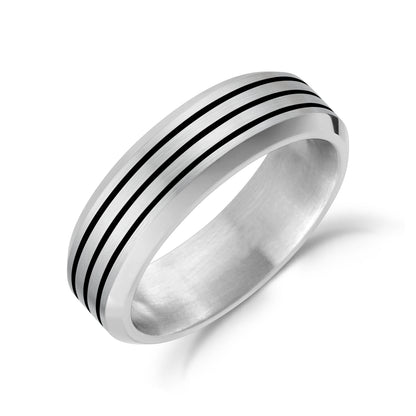Black Lined Beveled Edge Band - Men Ring - The Steel Shop