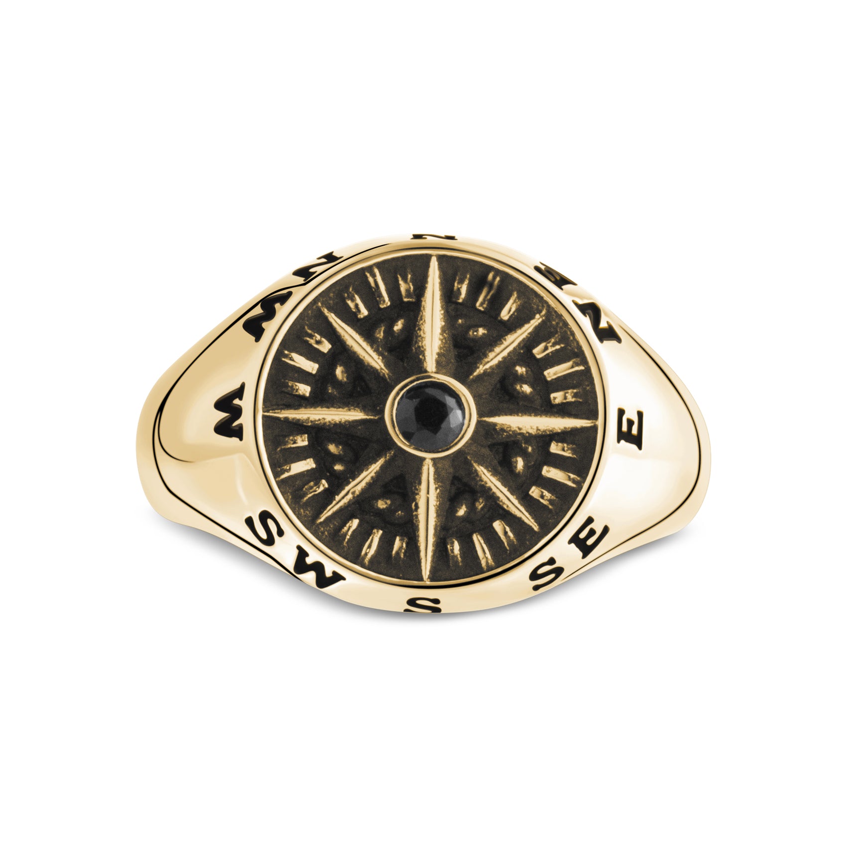 Black Stone Compass Signet Ring - Men Ring - The Steel Shop