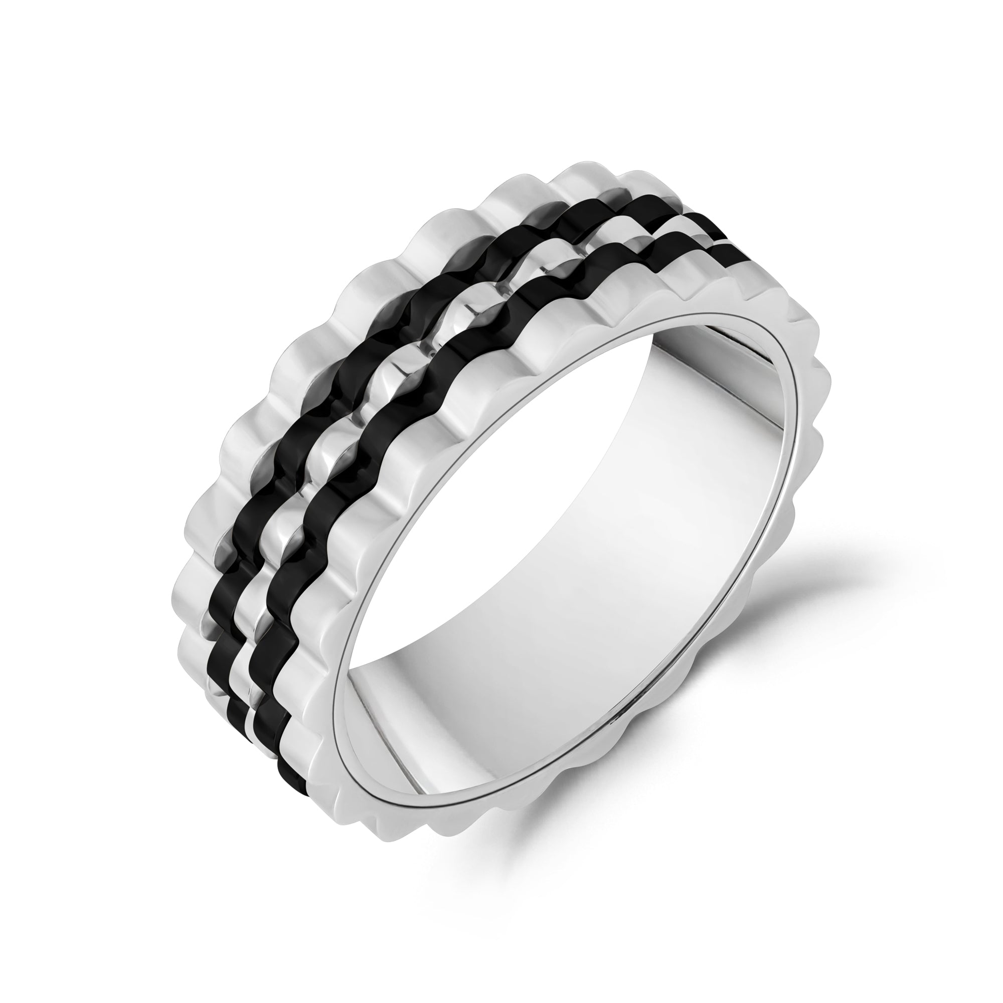7mm Two Tone Ripple Link Band Mens Stainless Steel Ring