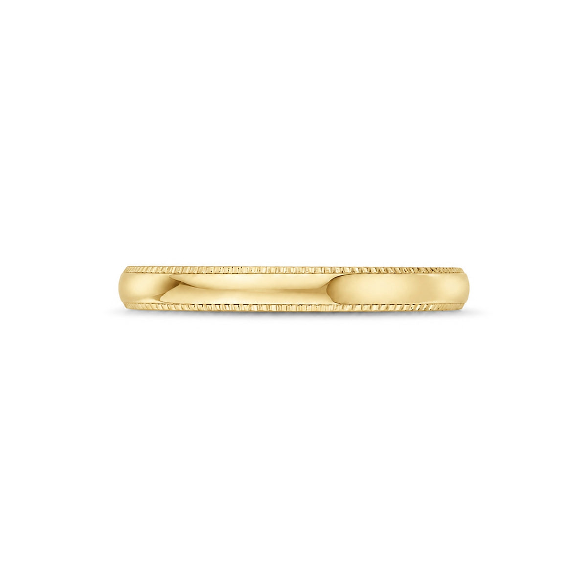 Front facing view of a gold tone domed wedding ring featuring milgrain trim along the top and bottom edges of the band.