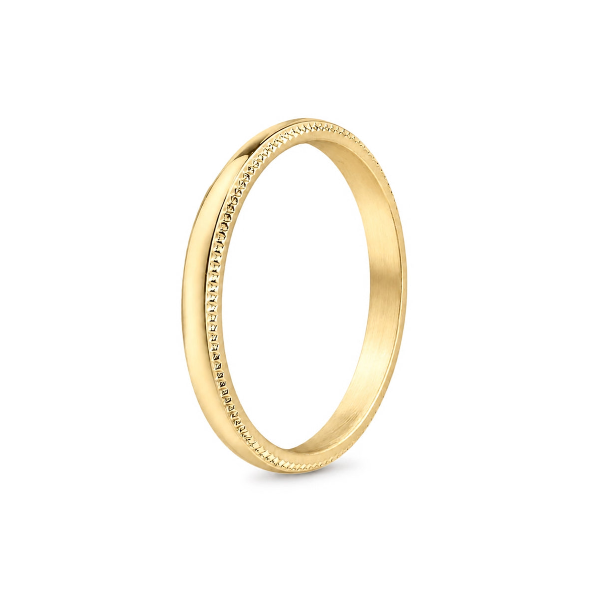 Upright side view of a gold stainless steel milgrain wedding ring displaying the rounded domed profile and comfort fit band.