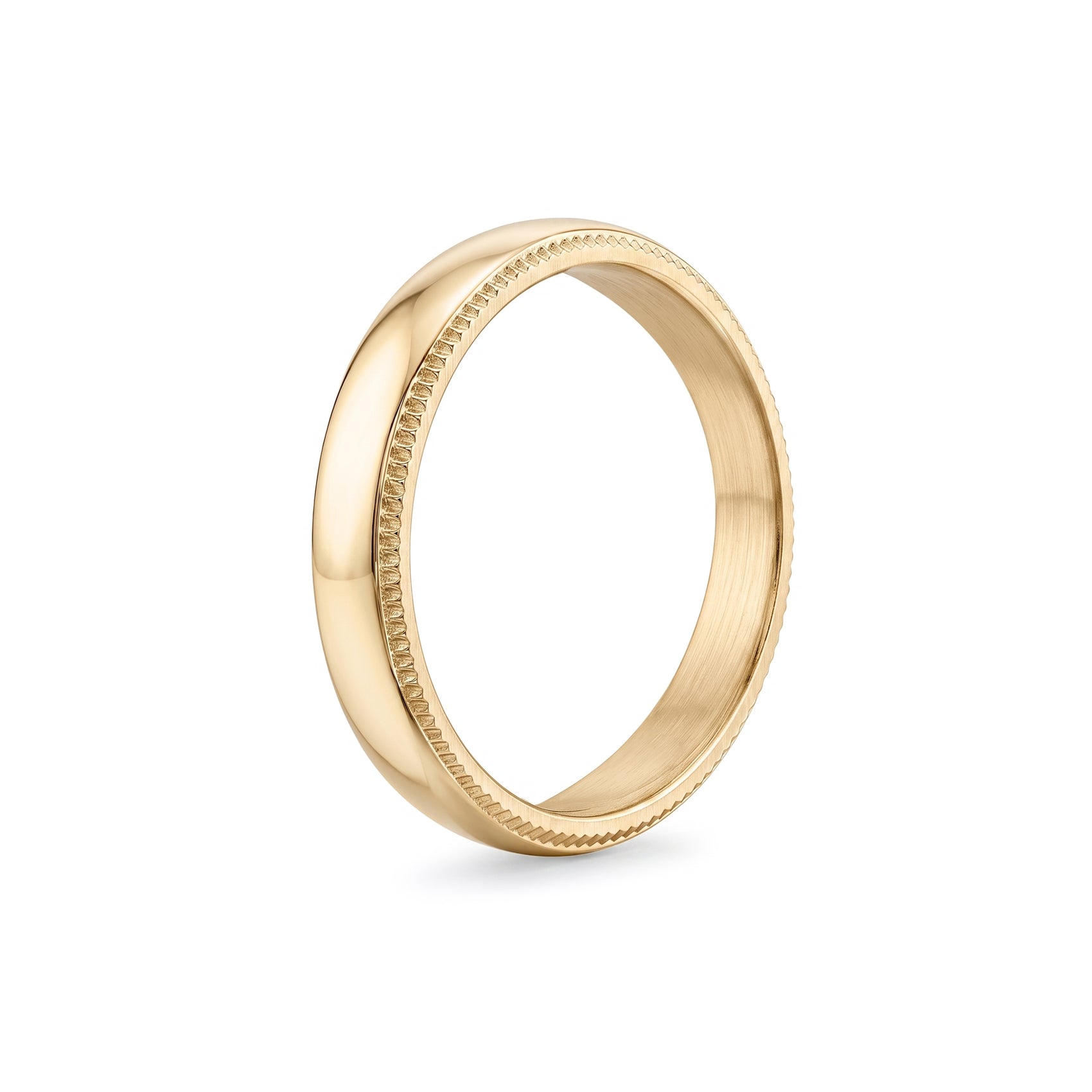 Styled image of stainless steel milgrain wedding band beside wedding accessories emphasizing timeless design