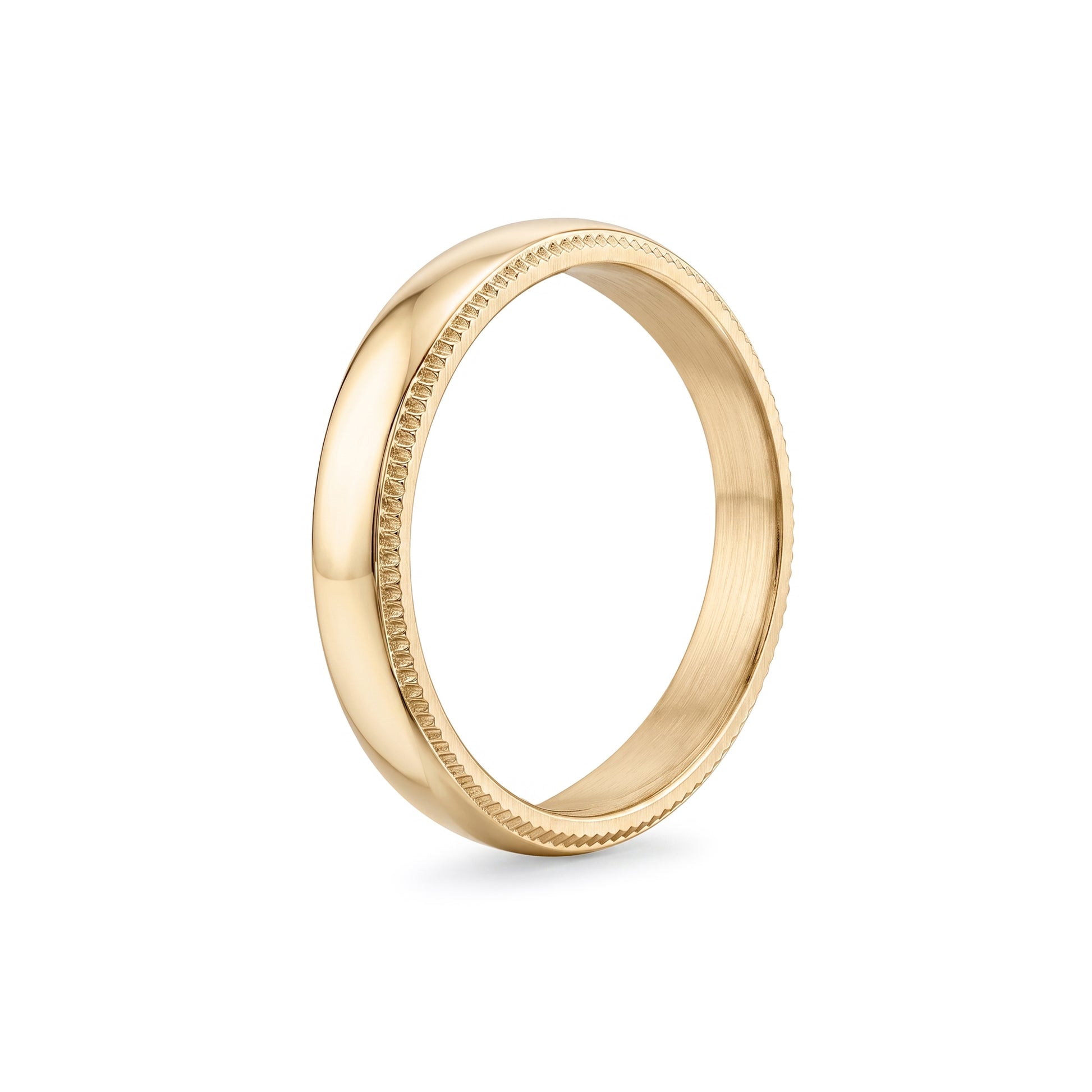 Styled image of stainless steel milgrain wedding band beside wedding accessories emphasizing timeless design