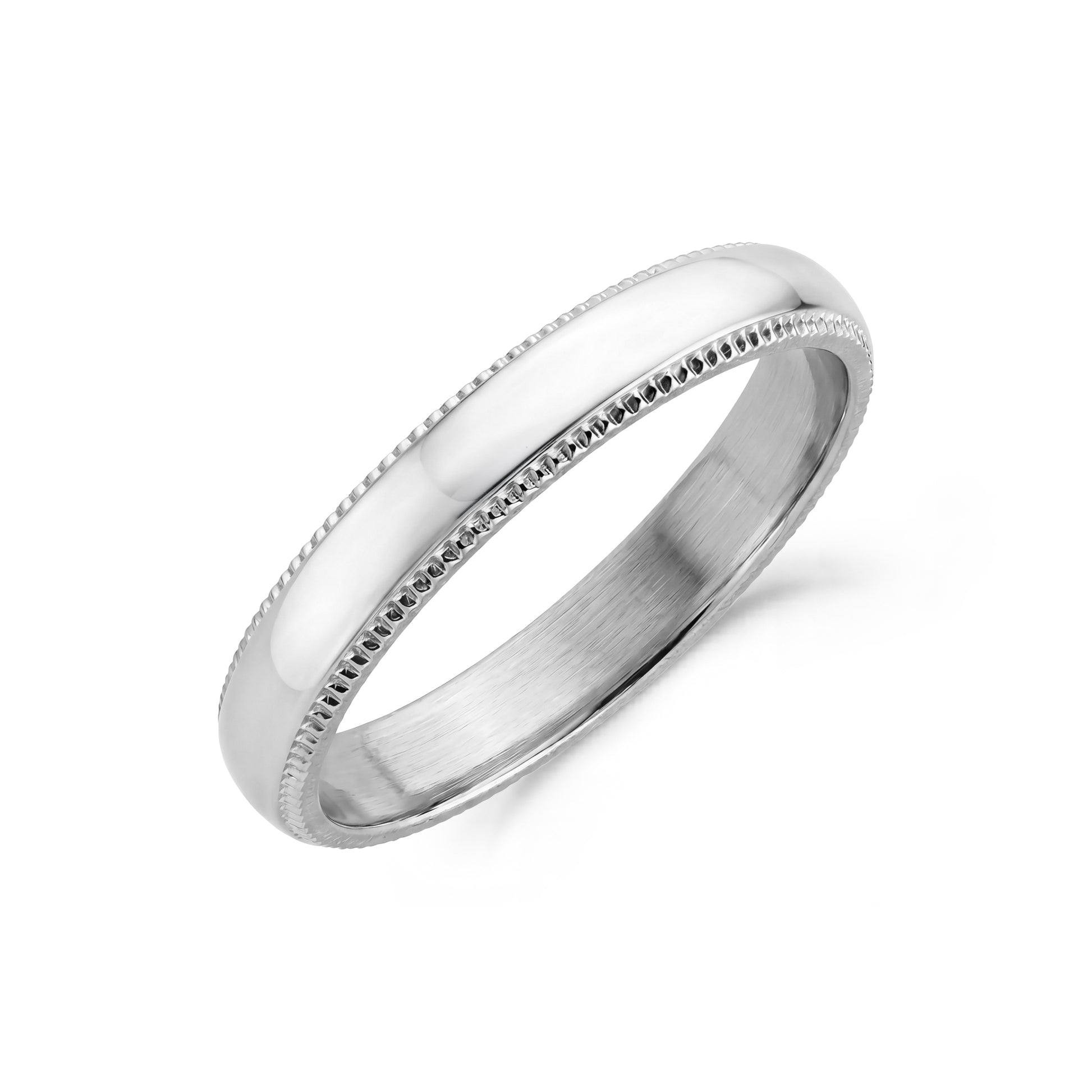 Close-up of a polished stainless steel 4mm domed wedding band with detailed milgrain edges  