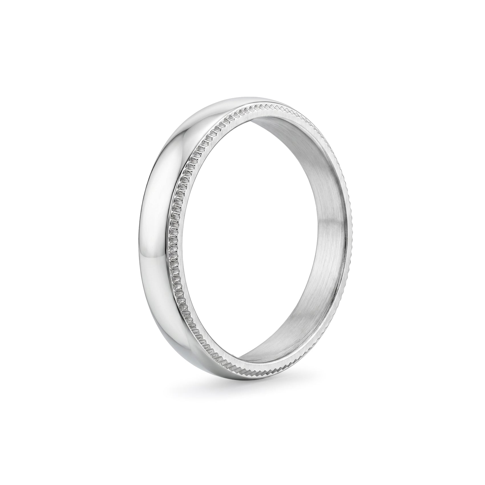 Side view of stainless steel domed wedding band highlighting smooth, polished finish and milgrain trim  