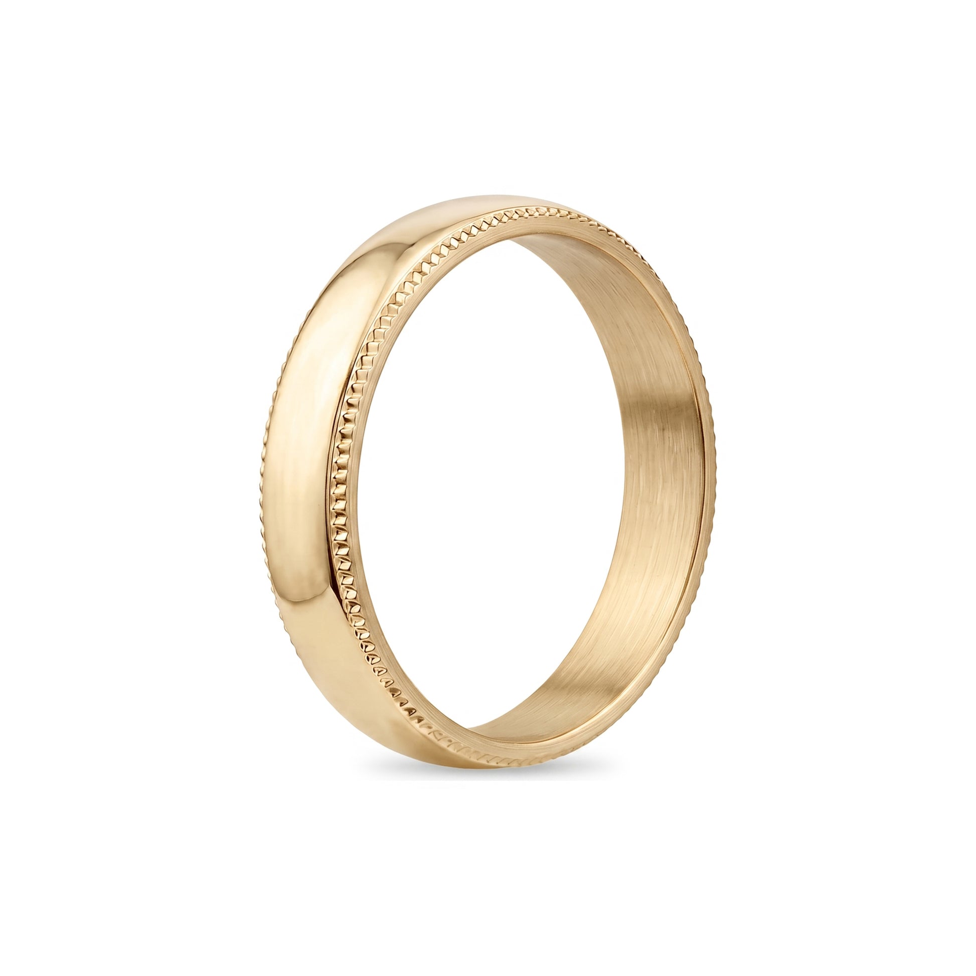 The 5mm domed milgrain wedding band displayed alongside matching accessories, highlighting durability and style.