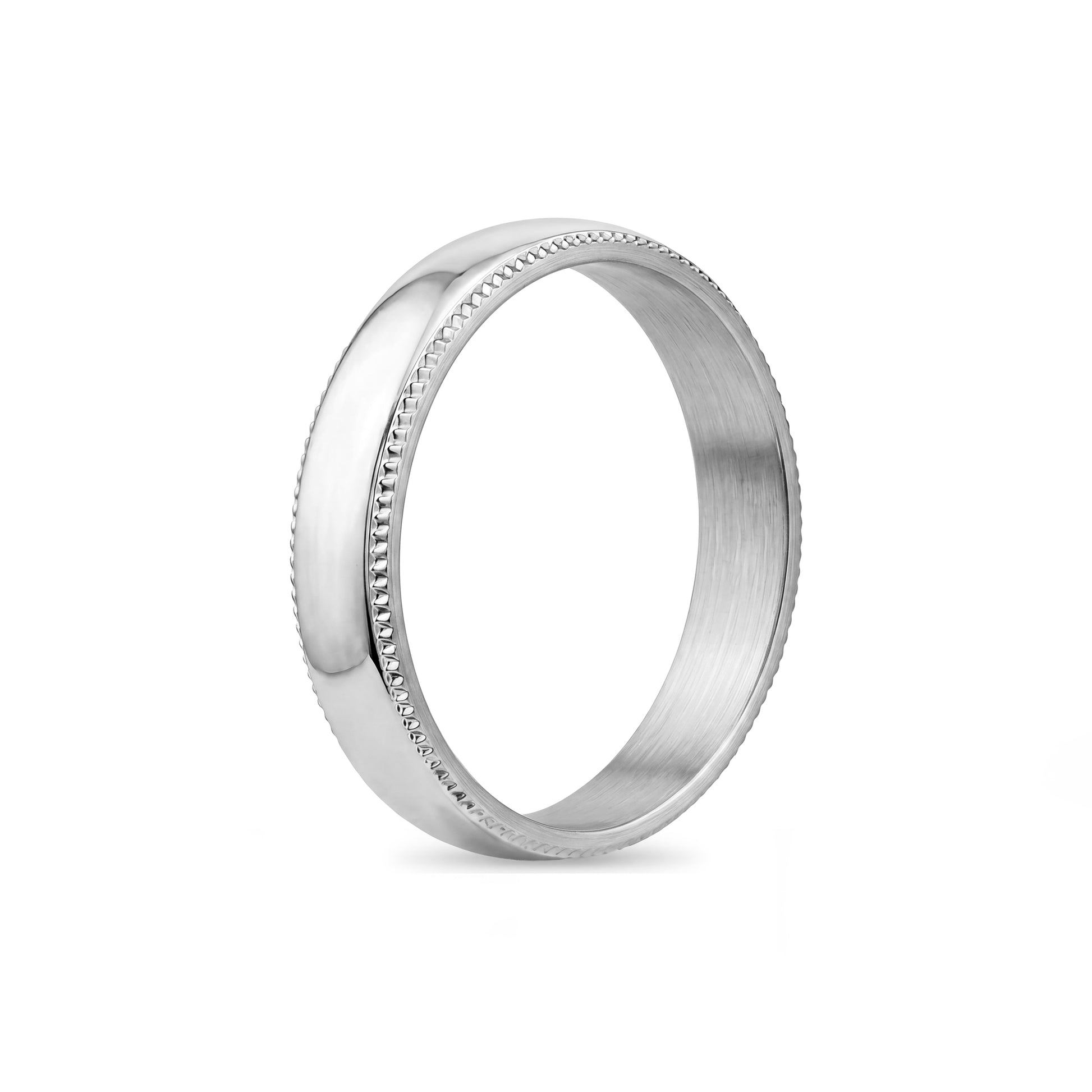 Top-down image highlighting the polished domed surface and fine milgrain detailing on the band.  