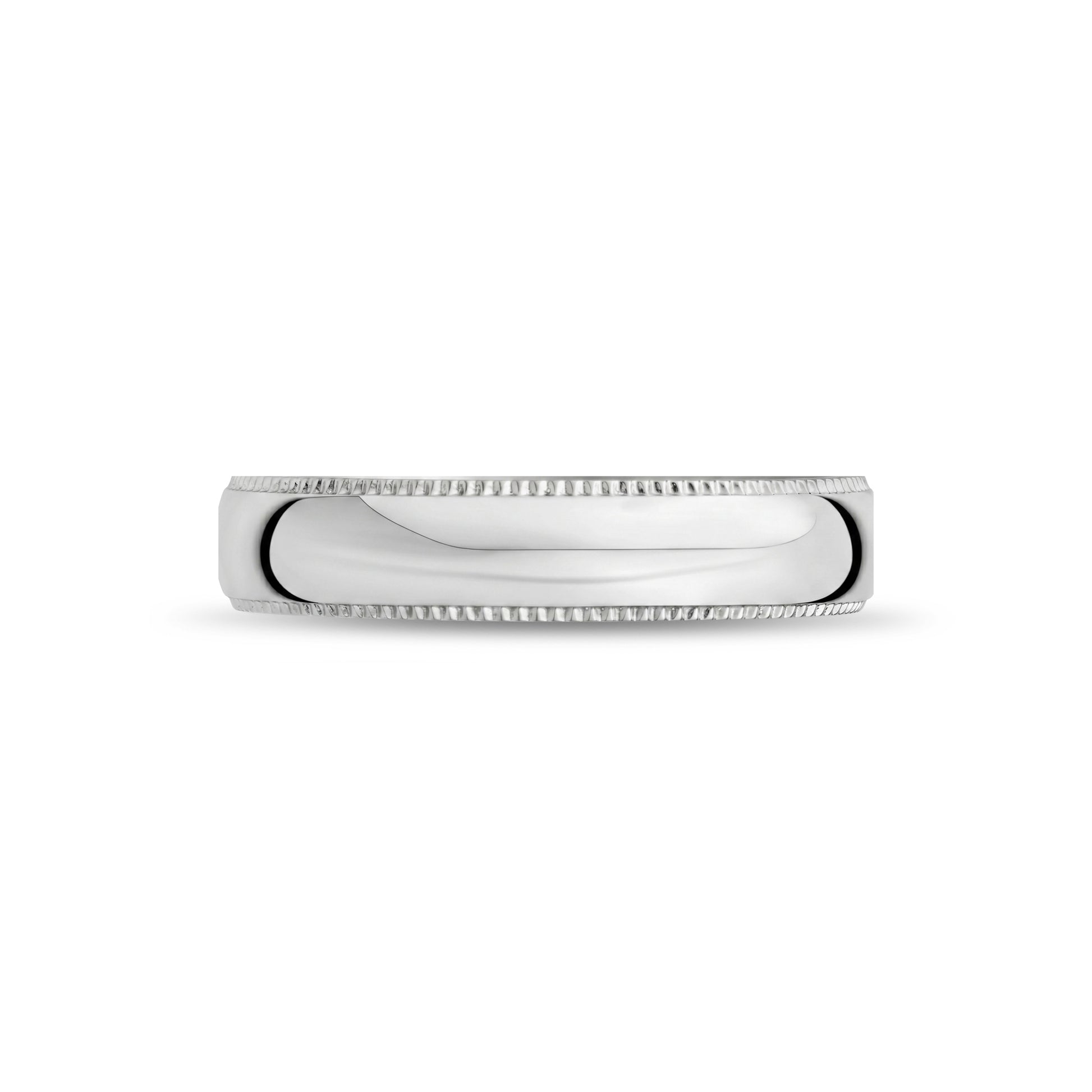 Side view showing the smooth, comfort-fit interior of a stainless steel milgrain wedding ring.  