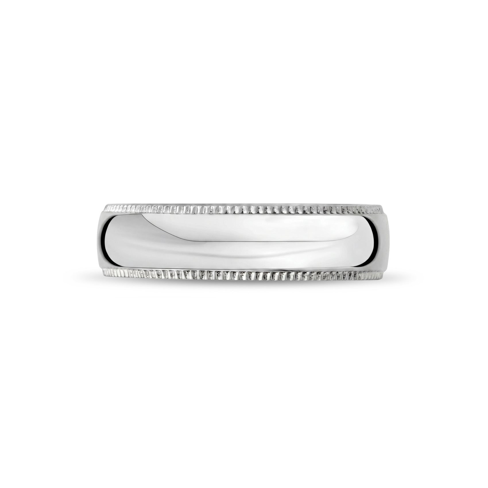 Side view of a high-quality stainless steel wedding ring showcasing a smooth domed shape and detailed milgrain trim  