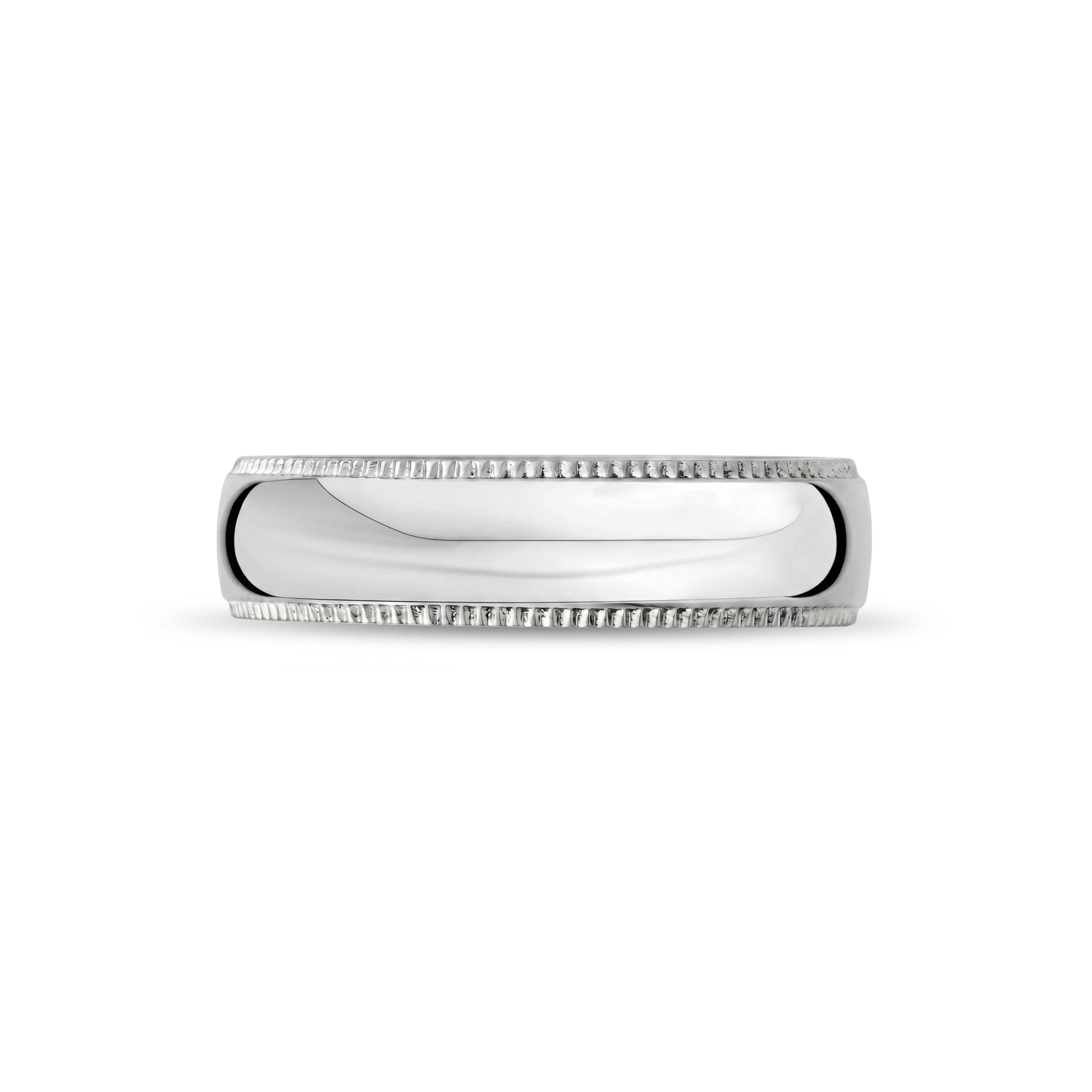 Side view of a high-quality stainless steel wedding ring showcasing a smooth domed shape and detailed milgrain trim  