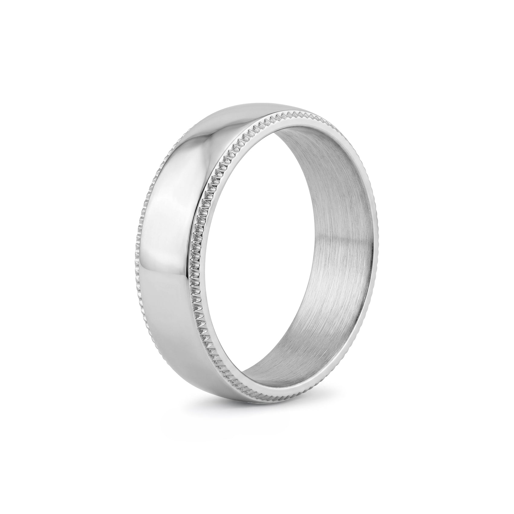 Top view of a 6mm comfort fit stainless steel band with milgrain detailing around the edges  