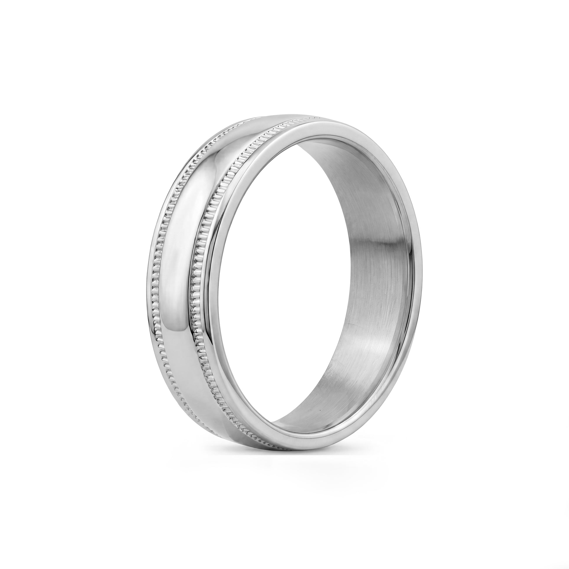 Angled shot of a durable 6mm wedding band featuring intricate milgrain edges.  