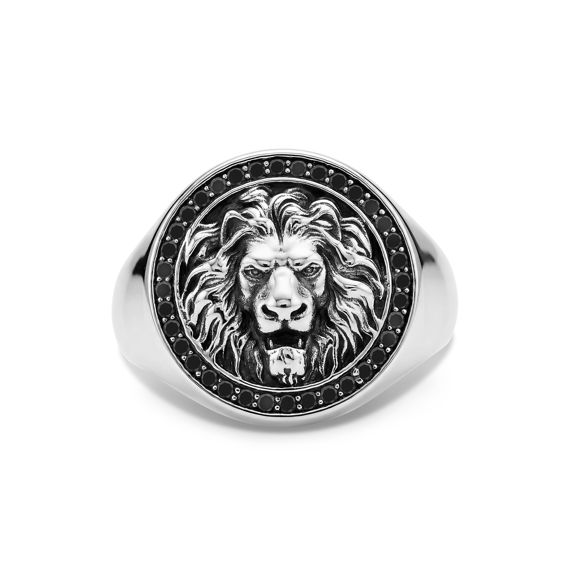 A silver-toned signet ring featuring an embossed lion head in relief, surrounded by a border of small black stones, shown on a plain white background.