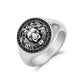 A silver-toned signet ring featuring an embossed lion head in relief, surrounded by a border of small black stones, shown on a clean white background.