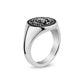 A silver signet ring featuring an embossed lion head profile on a circular face, set against a clean white background.