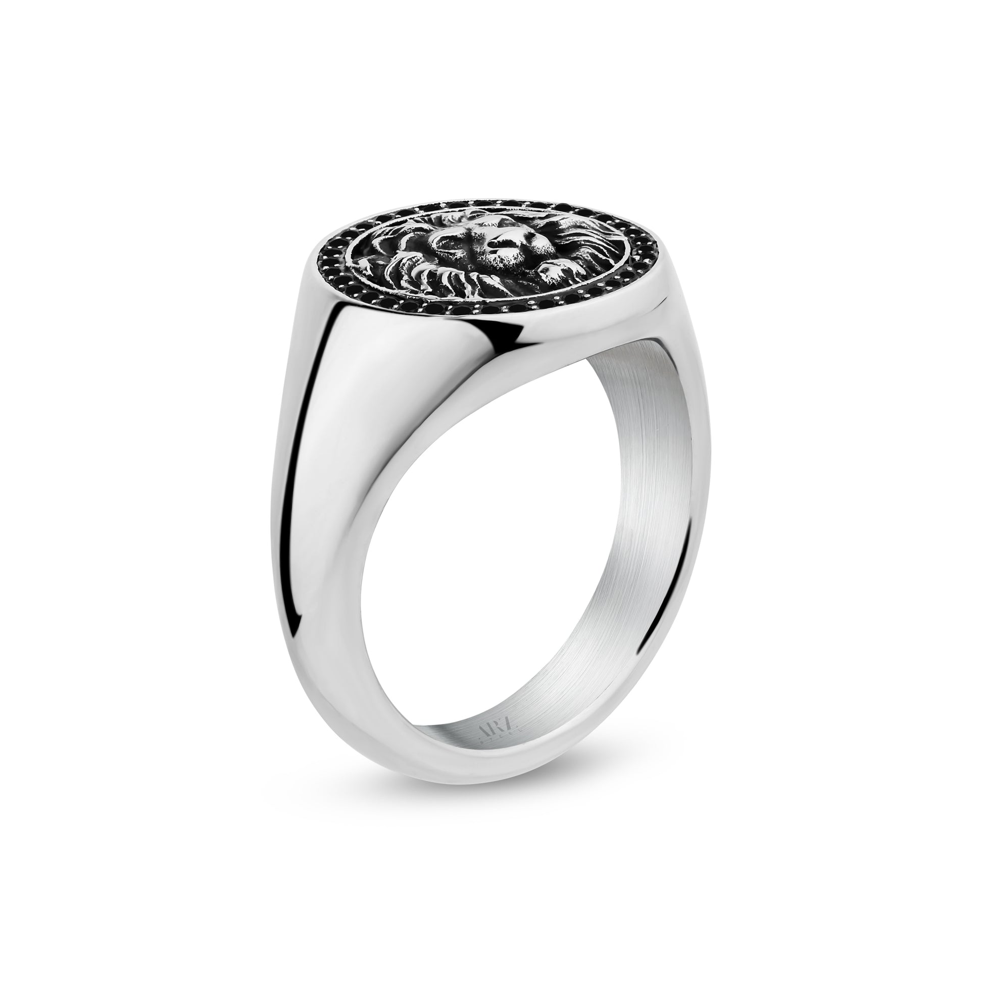 A silver signet ring featuring an embossed lion head profile on a circular face, set against a clean white background.