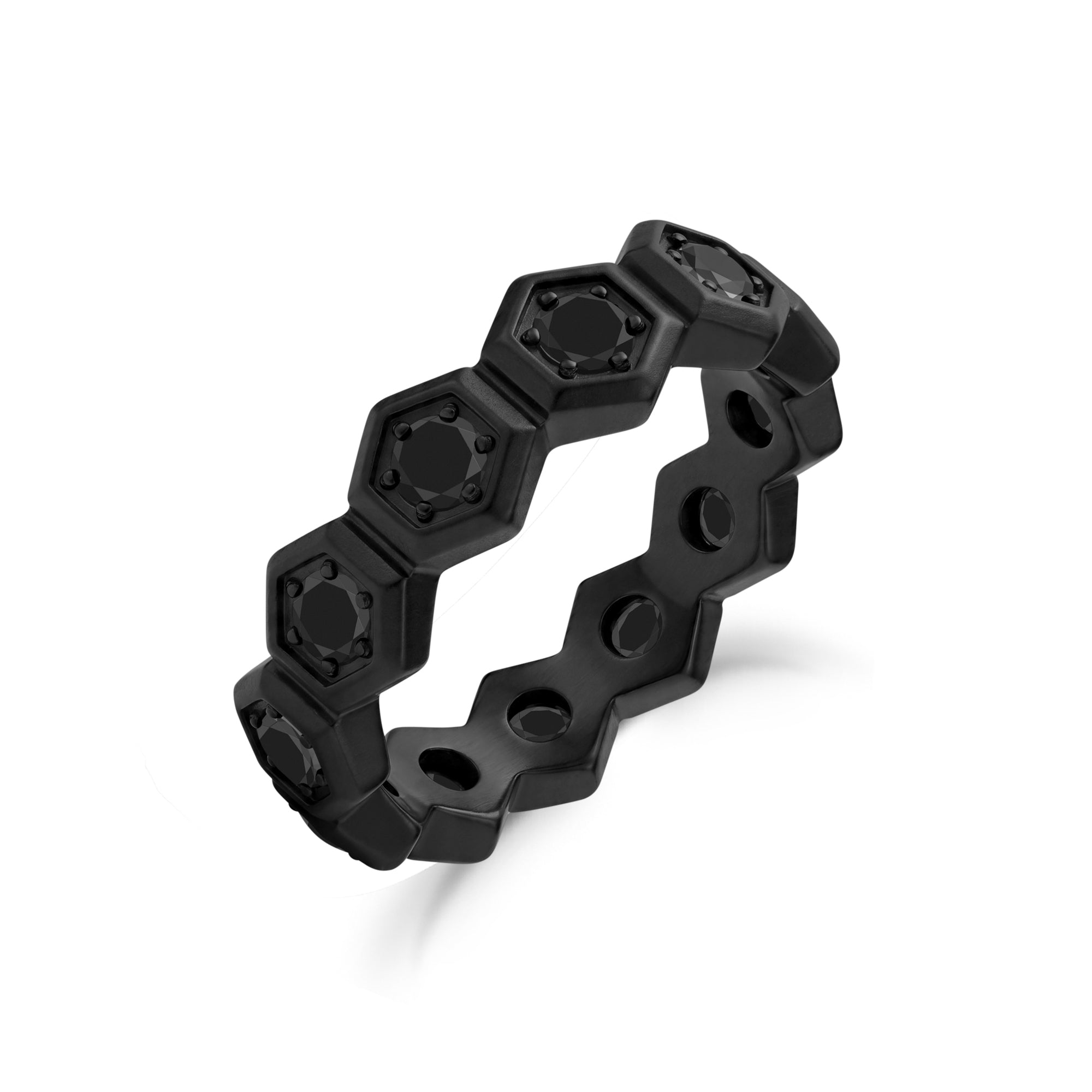 Angled view of the NOX men's matte black ring with hexagon-set black cubic zirconia stones