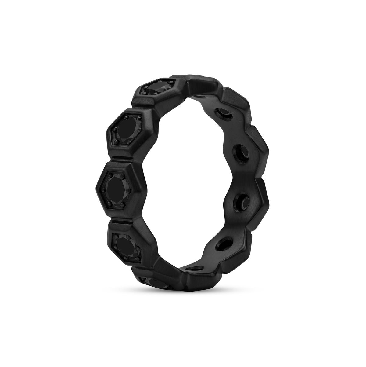 Front-facing view of the black stainless steel hexagon ring showing the honeycomb stone pattern
