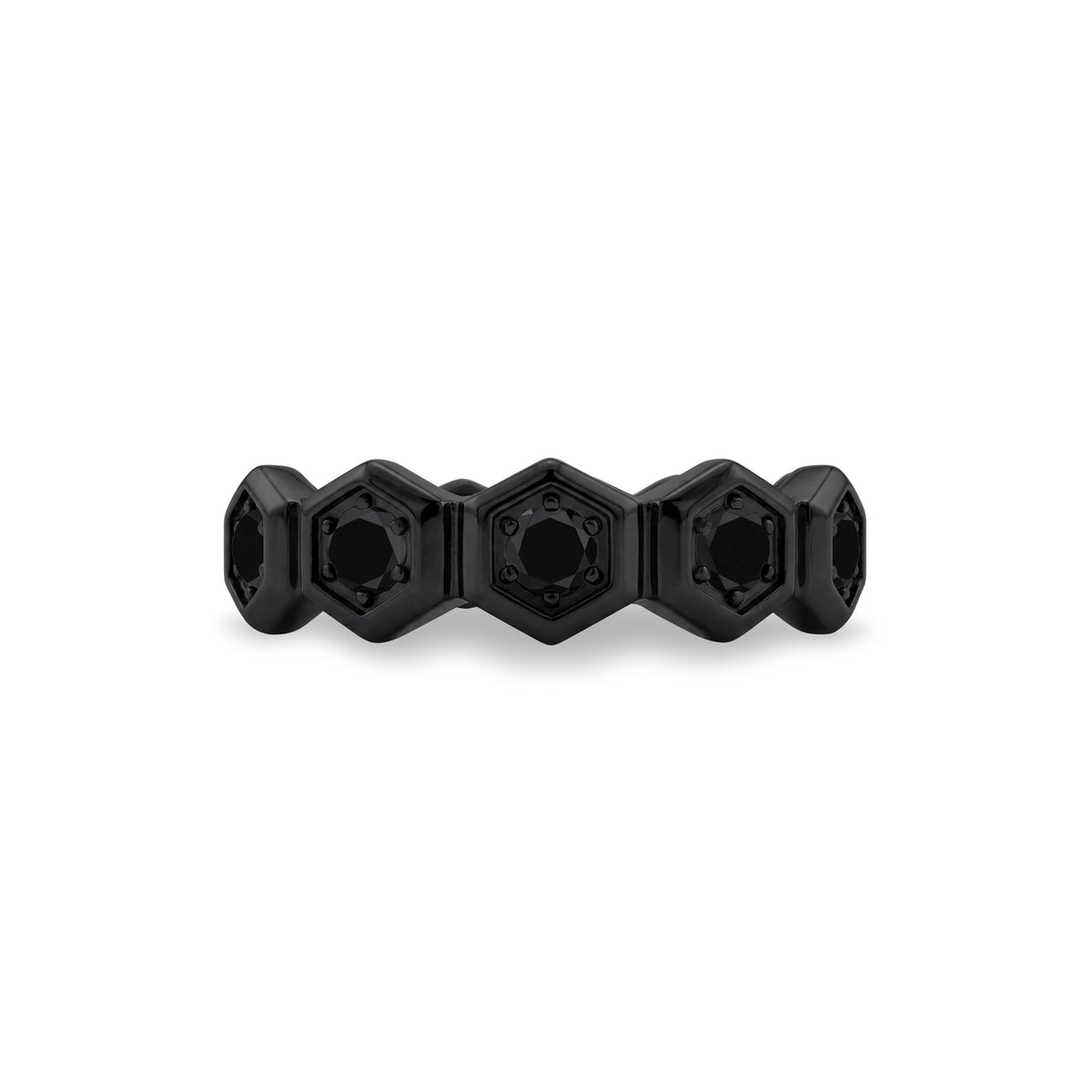 Close-up view of the hexagon links and round black cubic zirconia stones on the matte black band