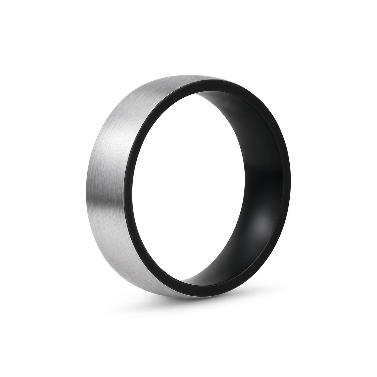Front-facing view of the stainless steel ring highlighting the black interior and brushed silver exterior finish