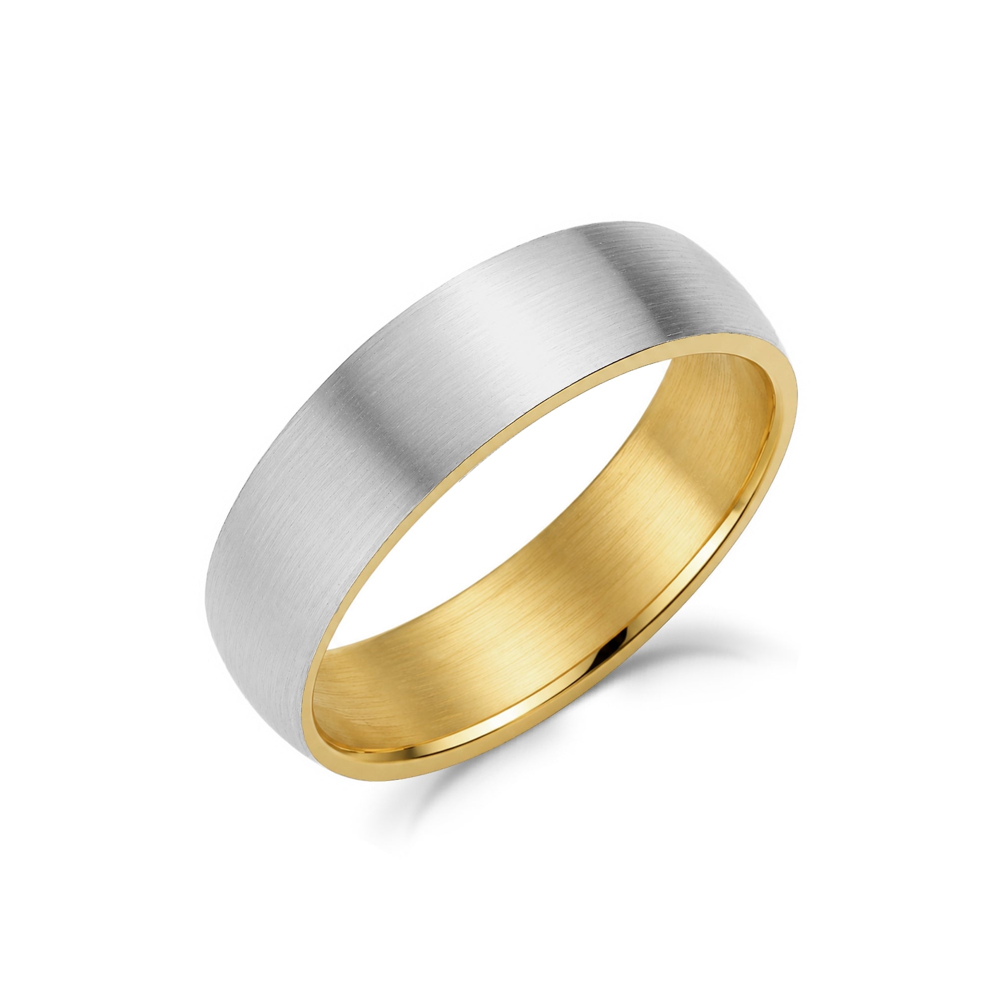 Angled view of men's brushed silver wedding band with gold interior showing the slightly domed comfort-fit profile