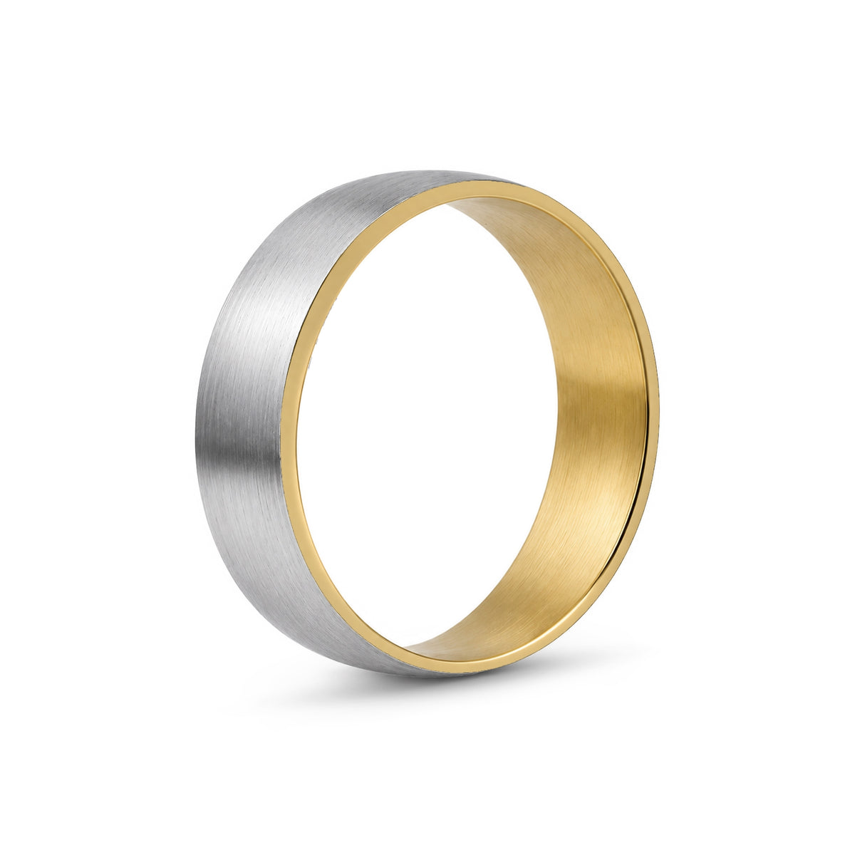 Front-facing view of the stainless steel ring highlighting the gold interior and brushed silver exterior finish