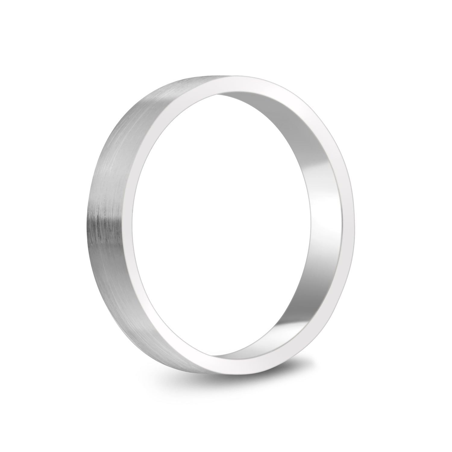 Side view of 4mm stainless steel wedding band highlighting flat profile and comfort fit
