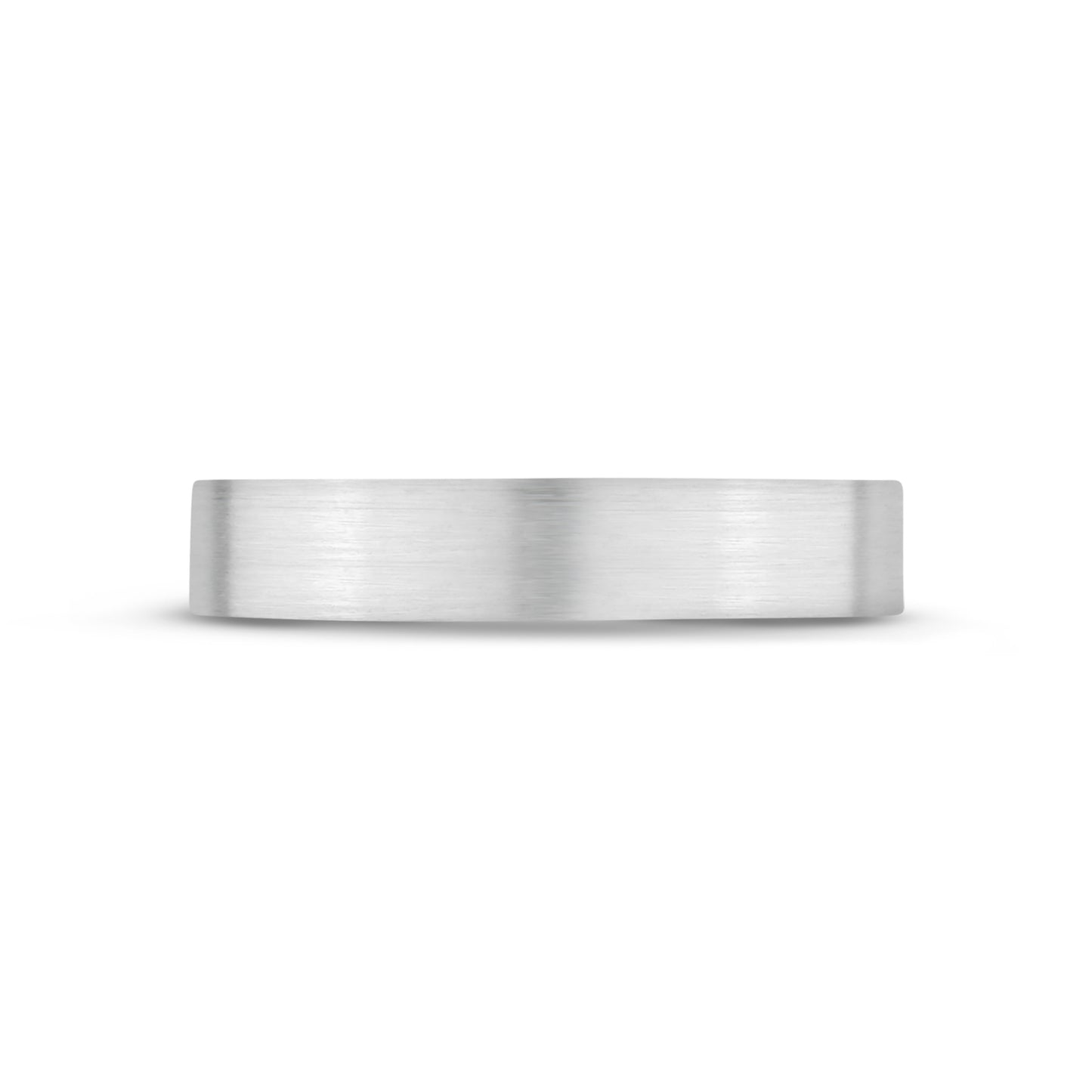 Close-up front view of 4mm matte stainless steel wedding band showing brushed finish