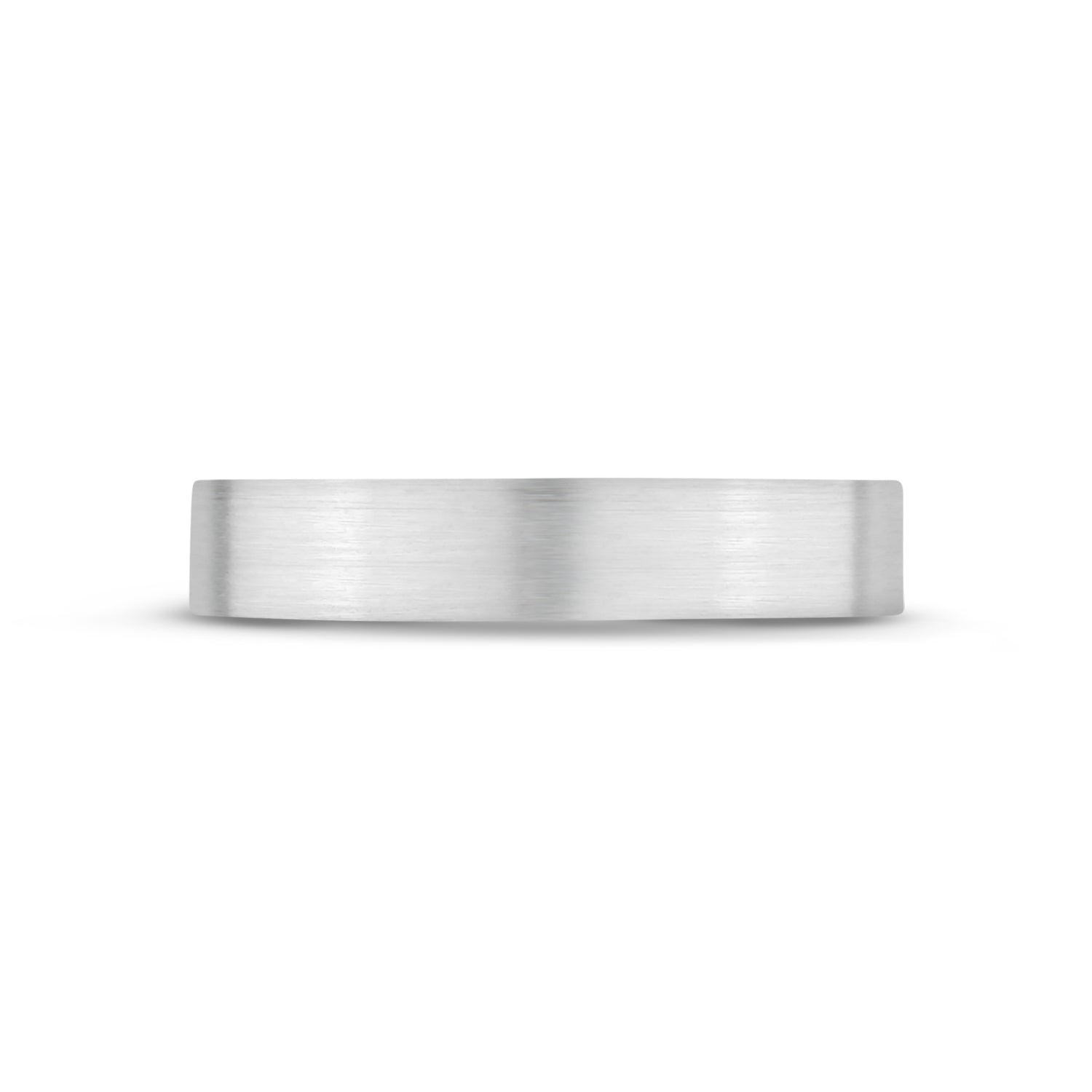 Close-up front view of 4mm matte stainless steel wedding band showing brushed finish