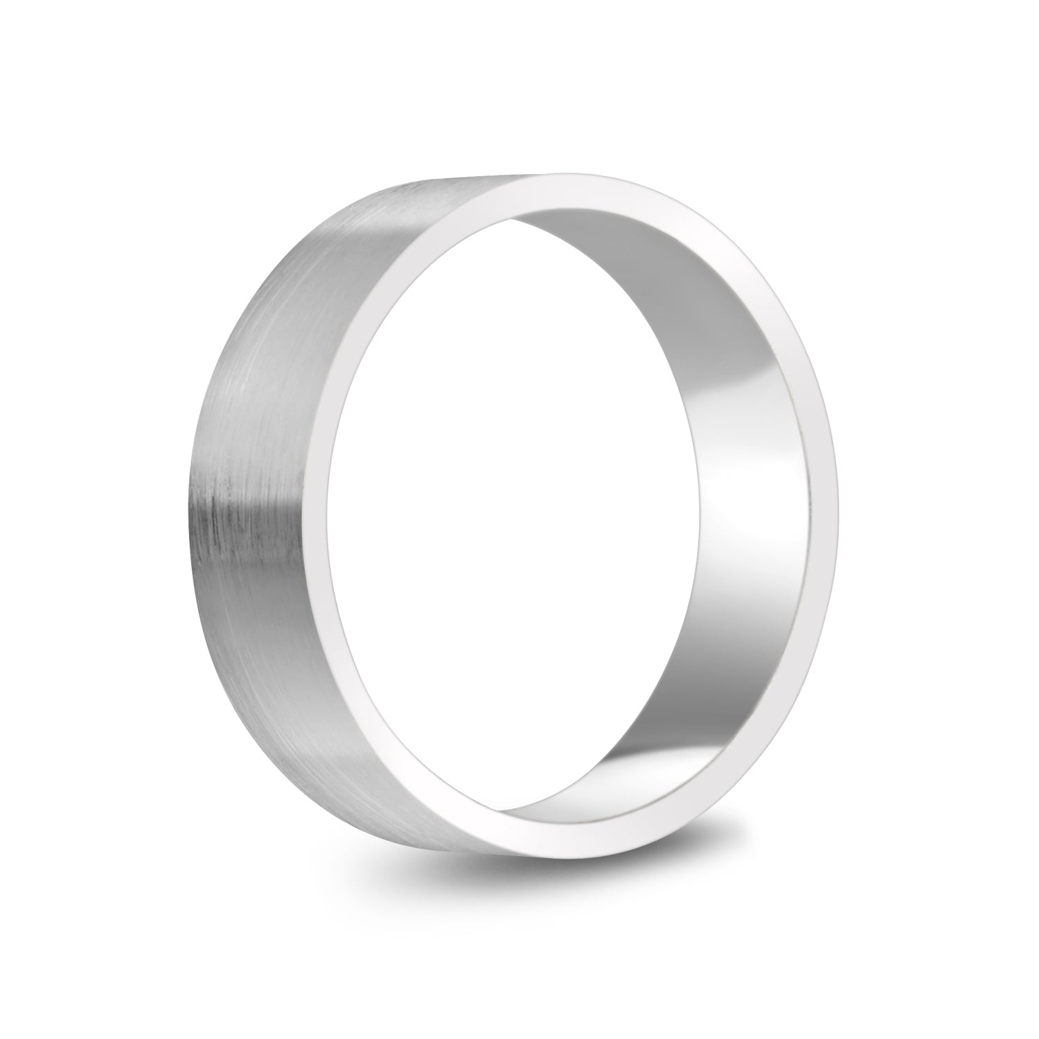 Close-up side view of 6mm flat matte stainless steel wedding band