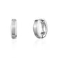 Close-up of stainless steel Beveled Edge Huggies Earrings with matte and shiny finishes  